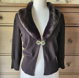 Black Faux Fur Collar Cardigan with Rhinestone Clasp